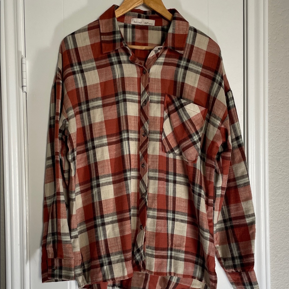Western Country Vibe  Rust Plaid Button-Down Shirt